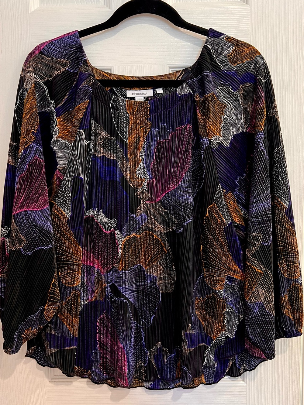 Chico's Crinkle Silky Black Pleated Floral Blouse Top Multicolor Non-Wrinkle L